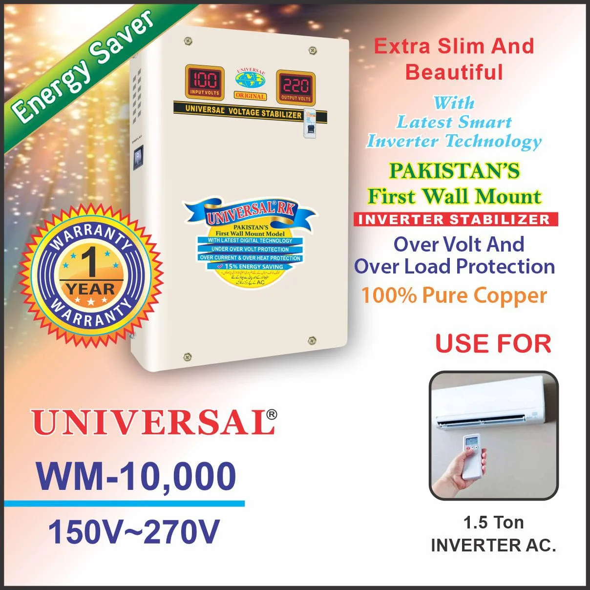 UNIVERSAL Voltage Stabilizer WM-10000 1.5 Ton Inverter AC 150V-270V